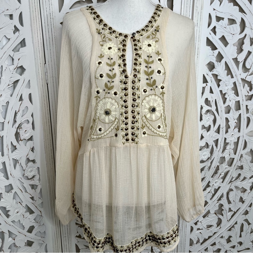 Free People Cream Embroidered Beaded Blouse